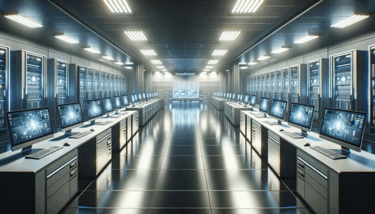 Laboratorio tecnológico con computadoras de alta gama, luces tenues y ambiente futurista.