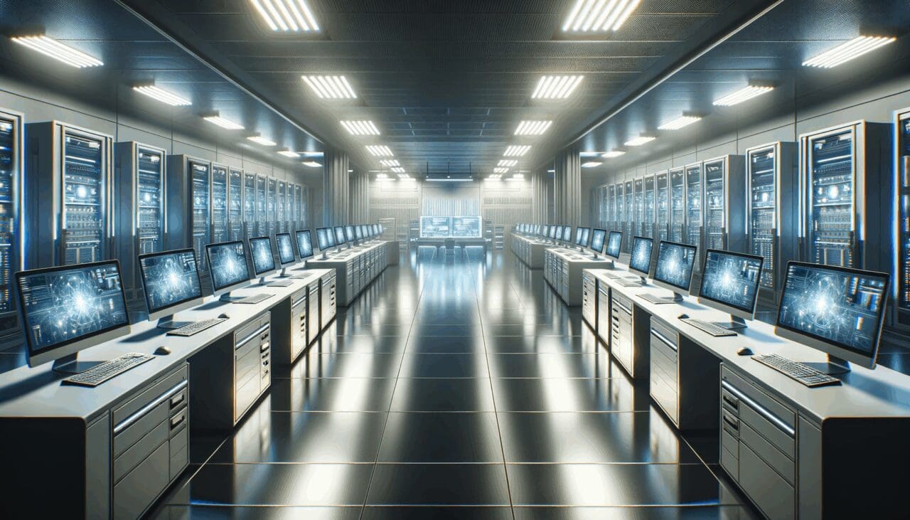 Laboratorio tecnológico con computadoras de alta gama, luces tenues y ambiente futurista.