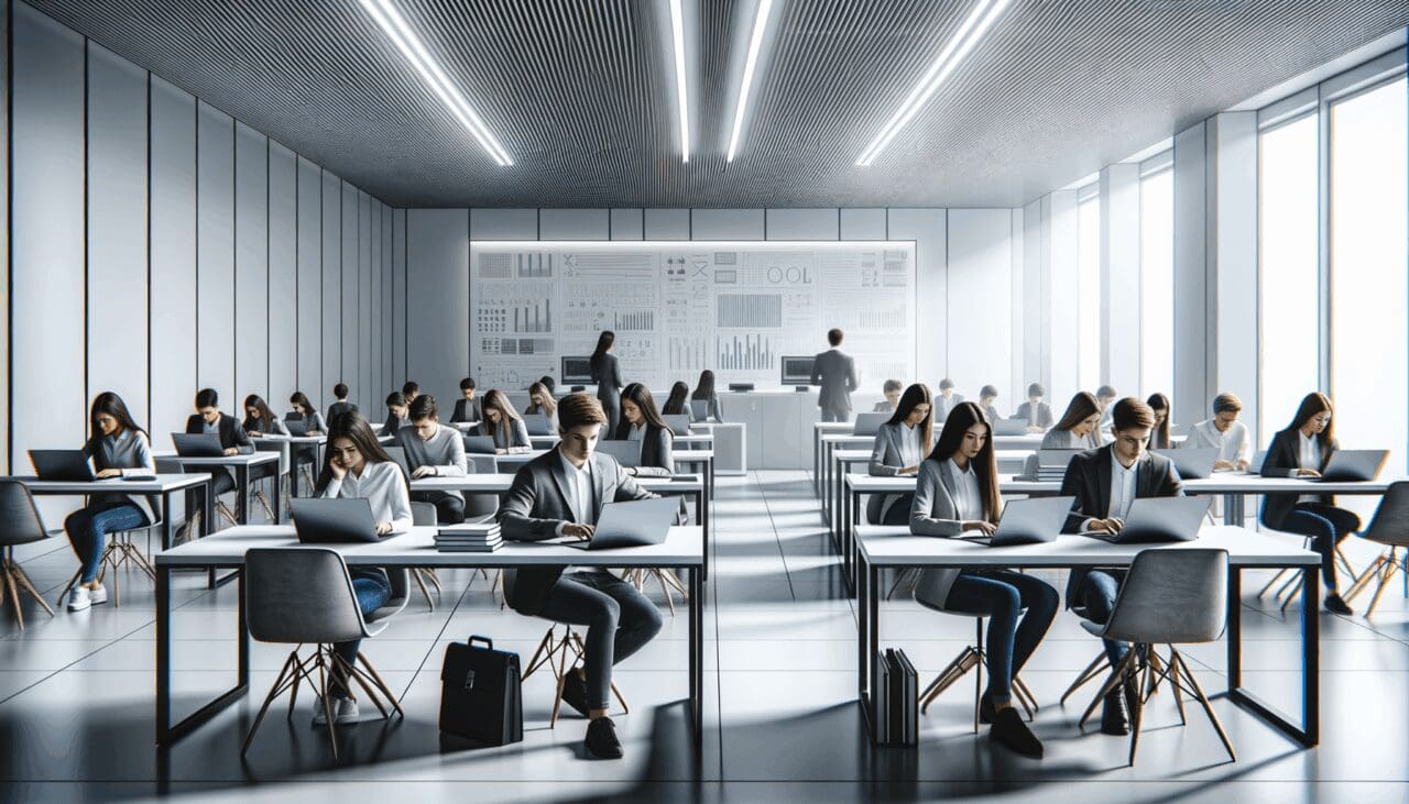 Jóvenes estudiantes en aula colaborando con computadoras portátiles, ambiente moderno y tecnológico.