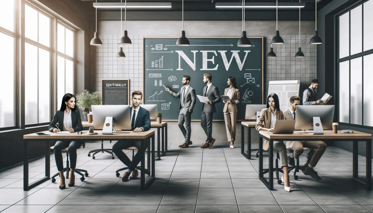 Equipo emprendedor trabajando en un espacio de coworking moderno con pizarras y dispositivos electrónicos.