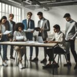 Grupo diverso de emprendedores reunidos en una mesa revisando documentos y laptops en una sala de coworking moderna.