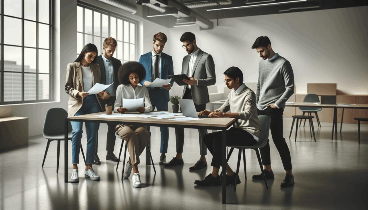 Grupo diverso de emprendedores reunidos en una mesa revisando documentos y laptops en una sala de coworking moderna.