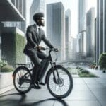 Persona usando una bicicleta eléctrica en una ciudad moderna, rodeada de vegetación y arquitectura contemporánea.