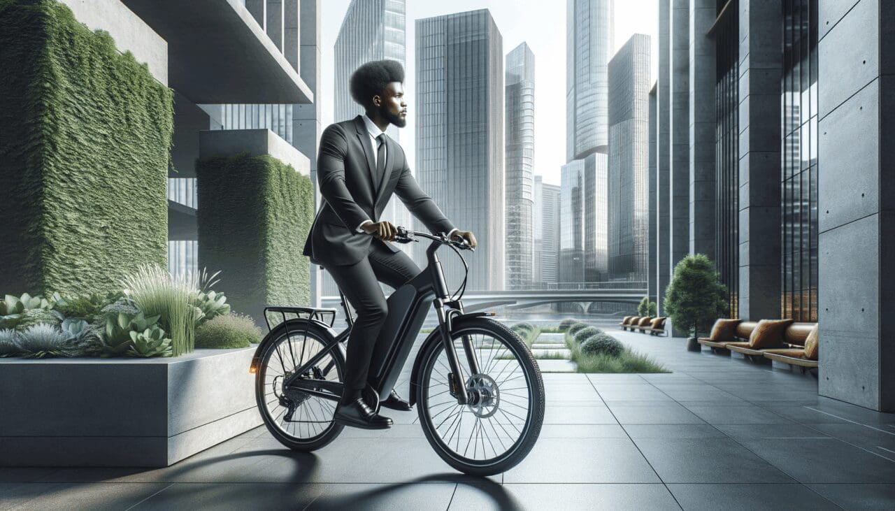 Persona usando una bicicleta eléctrica en una ciudad moderna, rodeada de vegetación y arquitectura contemporánea.