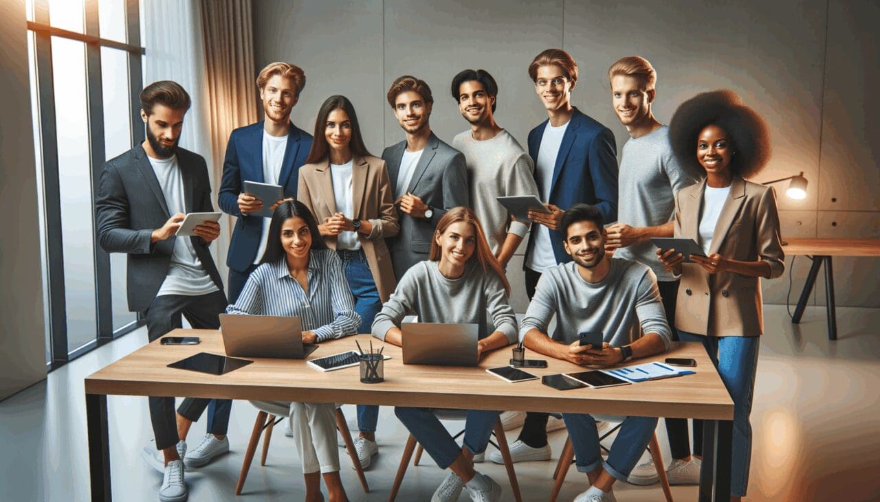 Jóvenes profesionales reunidos en una moderna sala de reuniones con dispositivos digitales, colaborando en un ambiente de startups.
