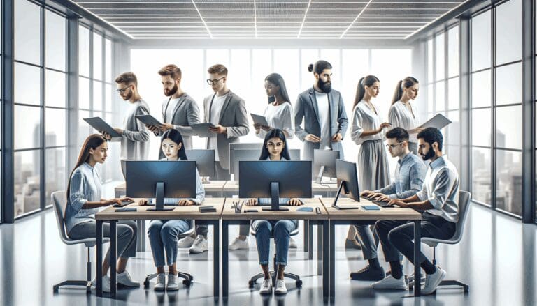 Equipo de jóvenes innovadores trabajando con pantallas y computadoras en un entorno tecnológico moderno.