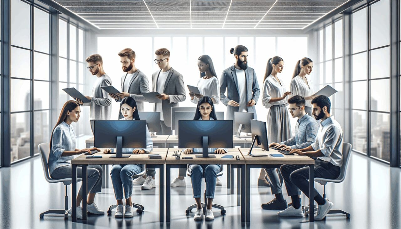 Equipo de jóvenes innovadores trabajando con pantallas y computadoras en un entorno tecnológico moderno.