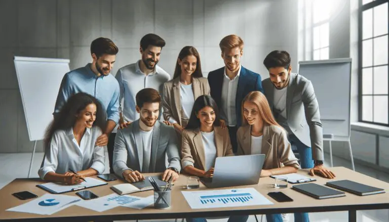 Emprendedores jóvenes colaborando en una oficina moderna con tecnología y pizarras.