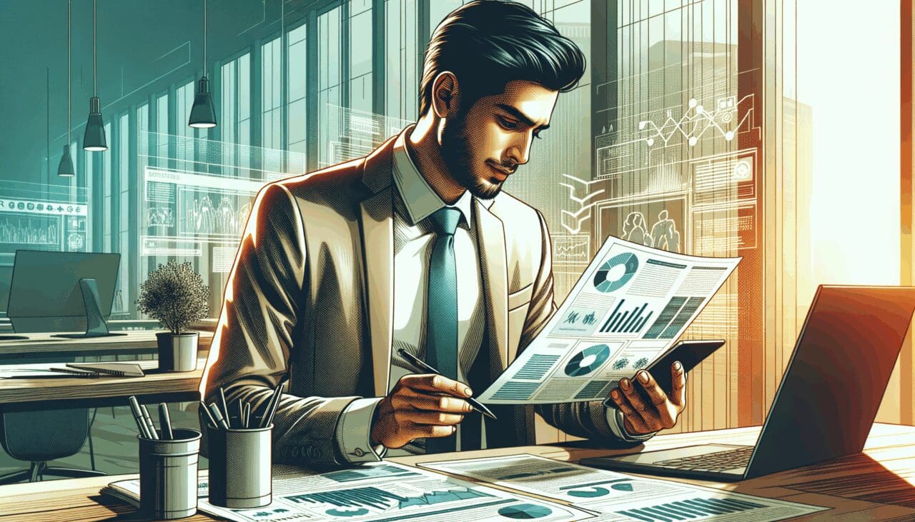 Ilustración de un emprendedor revisando gráficos digitales y documentos regulatorios en un entorno moderno.