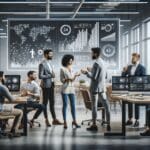 Emprendedores colaborando frente a pantallas con gráficos de datos en un espacio moderno de coworking tecnológico.