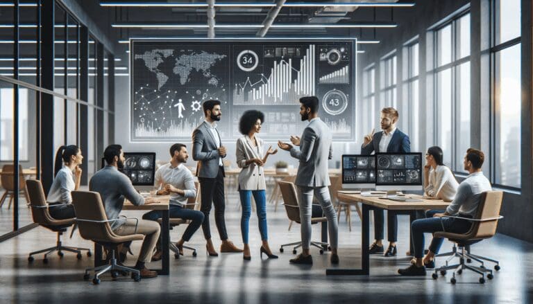 Emprendedores colaborando frente a pantallas con gráficos de datos en un espacio moderno de coworking tecnológico.