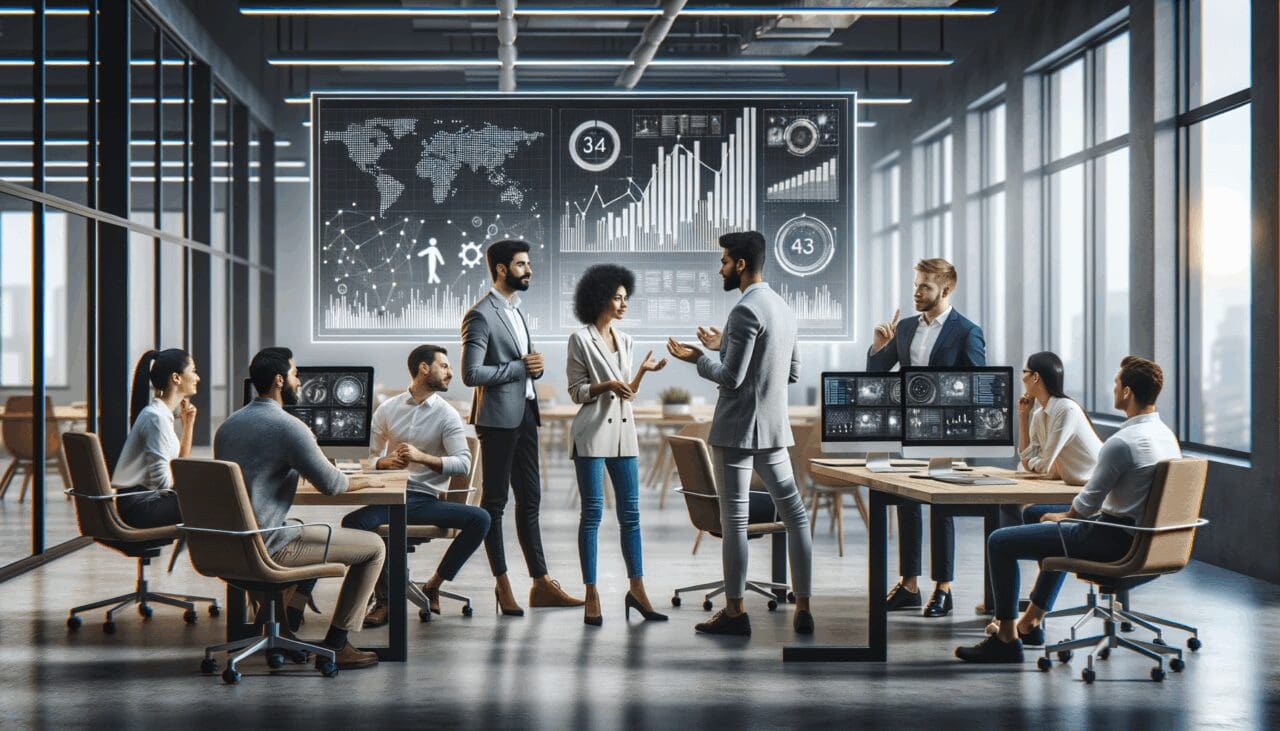 Emprendedores colaborando frente a pantallas con gráficos de datos en un espacio moderno de coworking tecnológico.