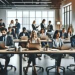 Grupo diverso de emprendedores trabajando en una oficina moderna con pantallas y laptops.