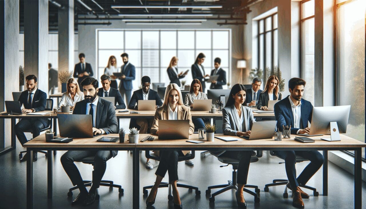 Grupo diverso de emprendedores trabajando en una oficina moderna con pantallas y laptops.