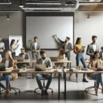 Grupo diverso de emprendedores colaborando en un espacio de coworking con laptops y pizarras digitales.