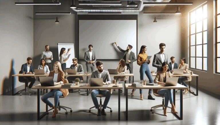Grupo diverso de emprendedores colaborando en un espacio de coworking con laptops y pizarras digitales.