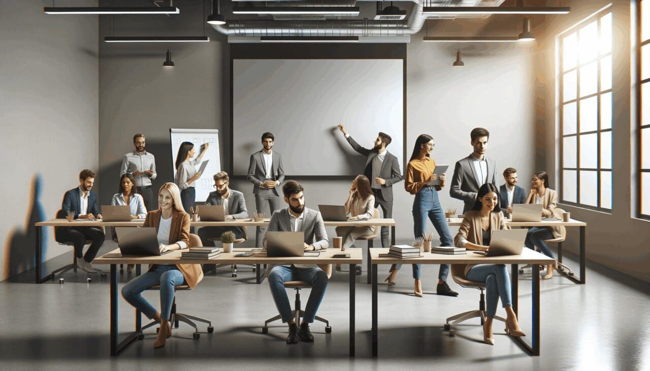Grupo diverso de emprendedores colaborando en un espacio de coworking con laptops y pizarras digitales.