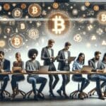 Equipo joven de emprendedores trabajando con laptops en un espacio de coworking moderno, con iconos digitales de criptomonedas flotando.