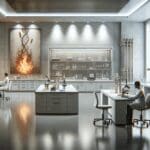 Laboratorio biotecnológico moderno con científicos trabajando y presencia de llamas en arte decorativo.