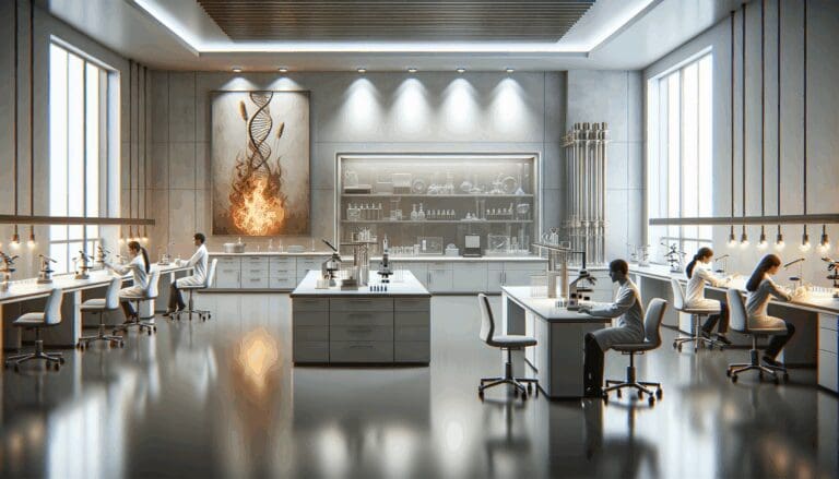 Laboratorio biotecnológico moderno con científicos trabajando y presencia de llamas en arte decorativo.