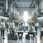 Equipo de jóvenes ingenieros colaborando en un laboratorio tecnológico moderno con maquinaria de energía limpia.