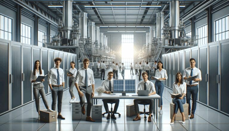 Equipo de jóvenes ingenieros colaborando en un laboratorio tecnológico moderno con maquinaria de energía limpia.