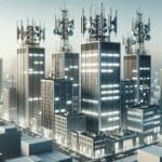 Edificios modernos con antenas de comunicación en una ciudad latinoamericana, ambiente tecnológico.