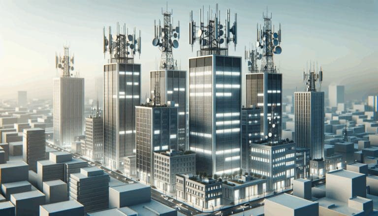 Edificios modernos con antenas de comunicación en una ciudad latinoamericana, ambiente tecnológico.