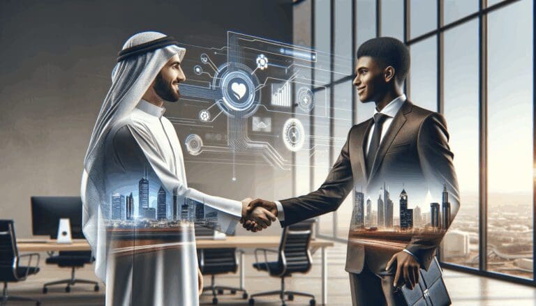 Dos ejecutivos dándose la mano en una oficina moderna con vista urbana, ilustrando colaboración tecnológica.