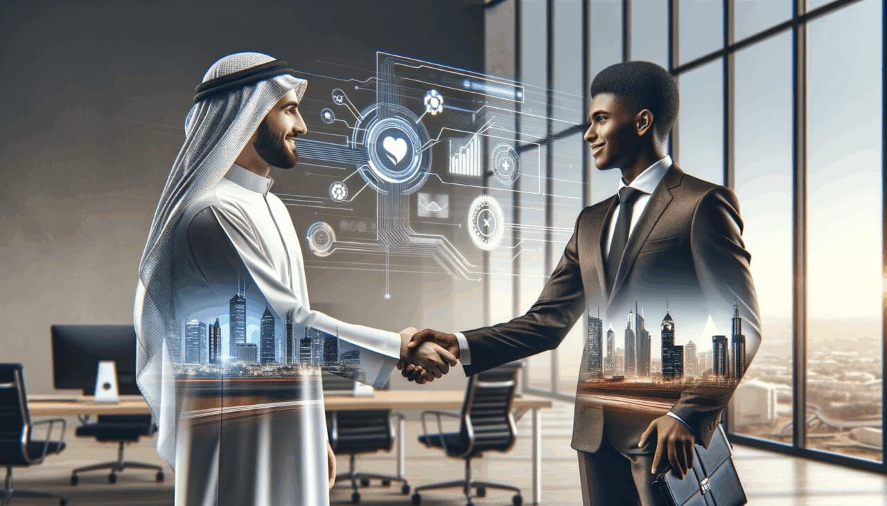 Dos ejecutivos dándose la mano en una oficina moderna con vista urbana, ilustrando colaboración tecnológica.