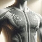 Primer plano de una prenda deportiva innovadora sobre fondo limpio, luces suaves, tono tecnológico.