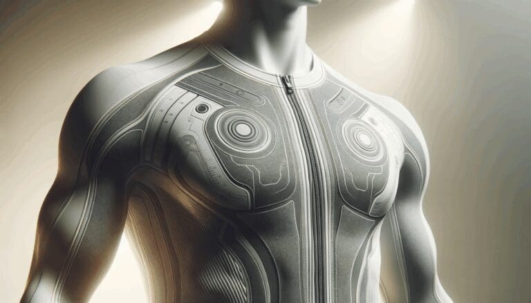 Primer plano de una prenda deportiva innovadora sobre fondo limpio, luces suaves, tono tecnológico.