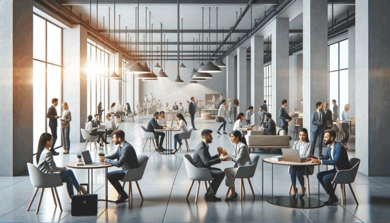 Espacio de coworking moderno con emprendedores conversando y trabajando en laptops.