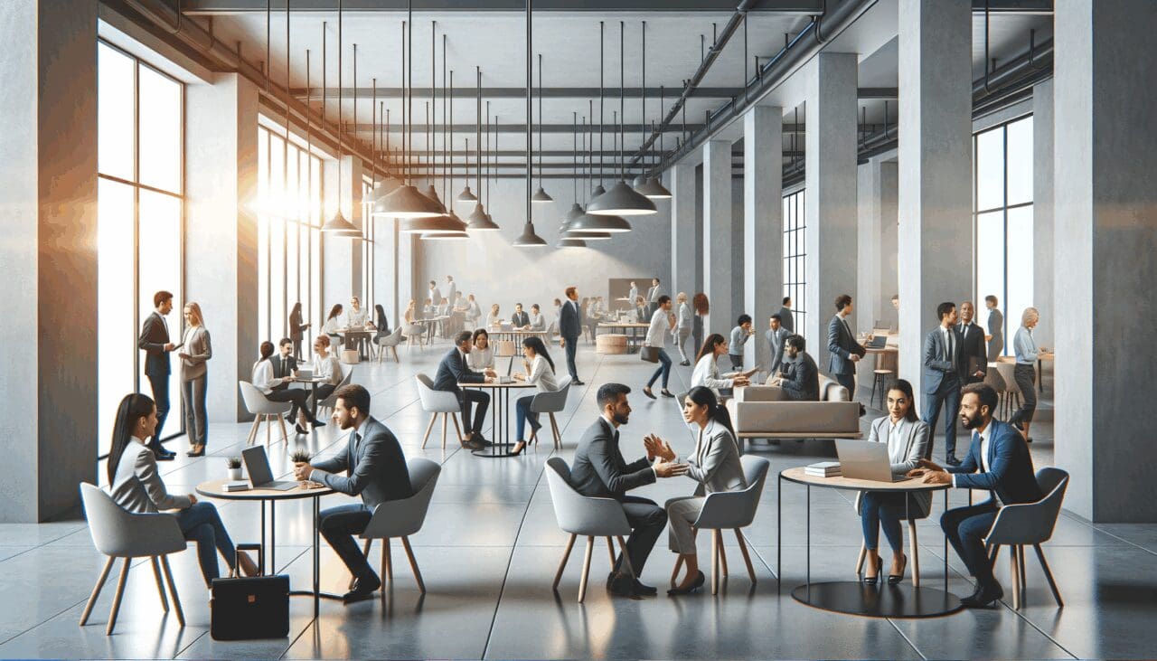 Espacio de coworking moderno con emprendedores conversando y trabajando en laptops.