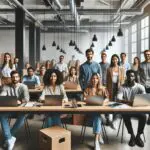 Grupo diverso de emprendedores en un espacio moderno de coworking con pizarras y laptops.