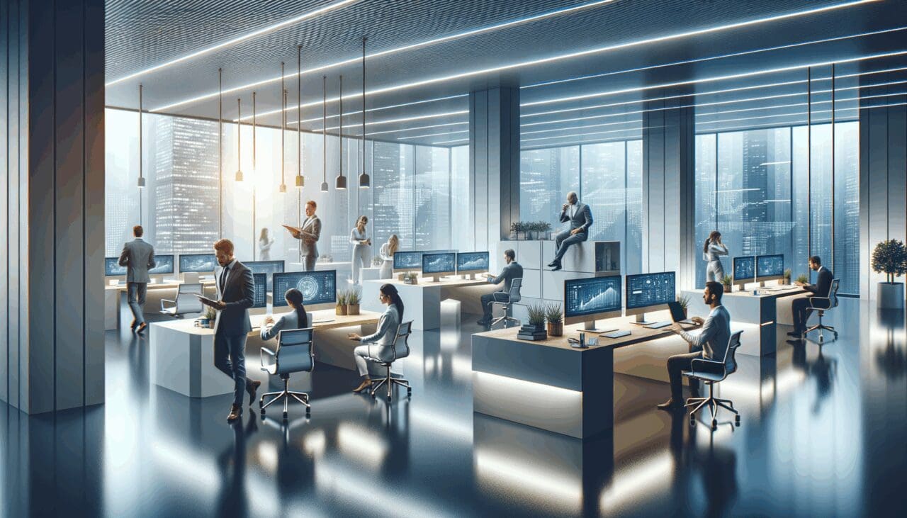 Oficinas modernas con equipos tecnológicos y emprendedores colaborando en un entorno innovador.