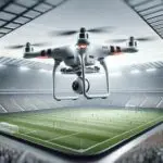 Drone deportivo volando sobre un estadio de fútbol moderno, enfoque en la innovación tecnológica.
