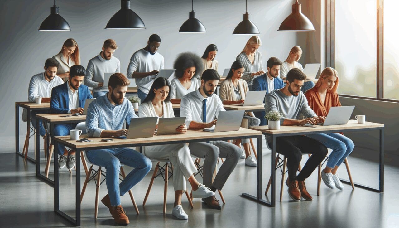 Grupo diverso de emprendedores colaborando frente a laptops en un espacio de coworking moderno.