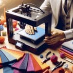 Manos trabajando en una impresora 3D sobre una mesa con piezas textiles de colores vibrantes.