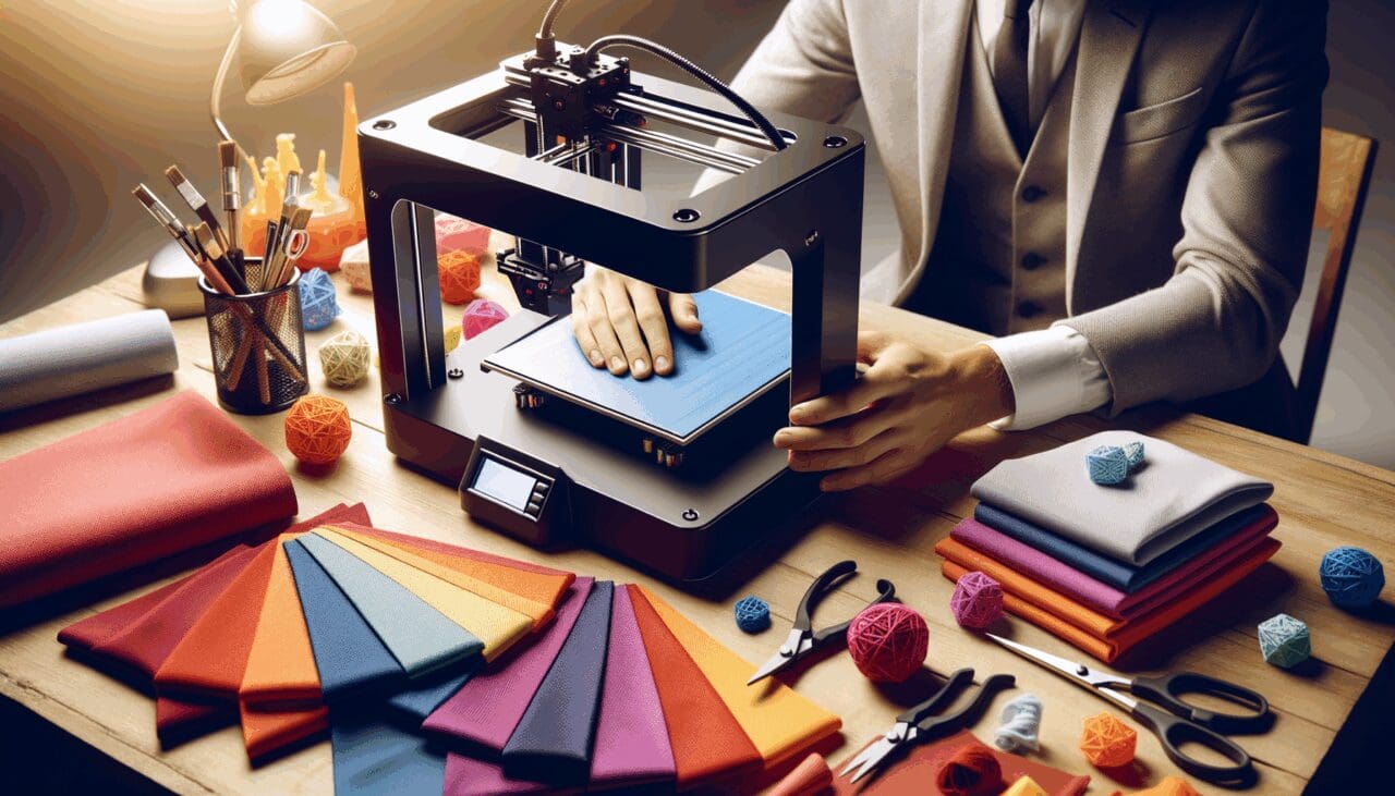 Manos trabajando en una impresora 3D sobre una mesa con piezas textiles de colores vibrantes.