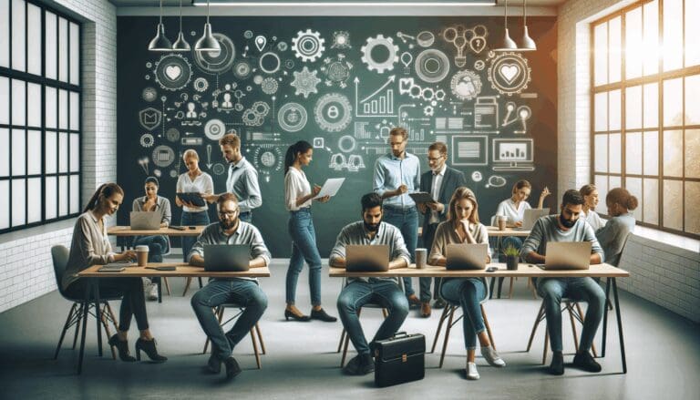 Emprendedores en una sala de coworking colaborando frente a pizarras digitales y laptops.