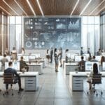 Oficinas modernas con equipos de trabajo colaborando frente a varias pantallas digitales.