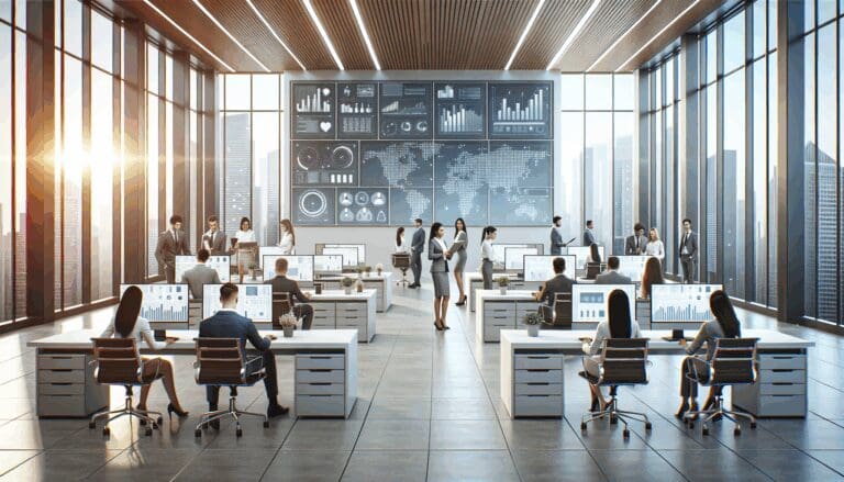 Oficinas modernas con equipos de trabajo colaborando frente a varias pantallas digitales.