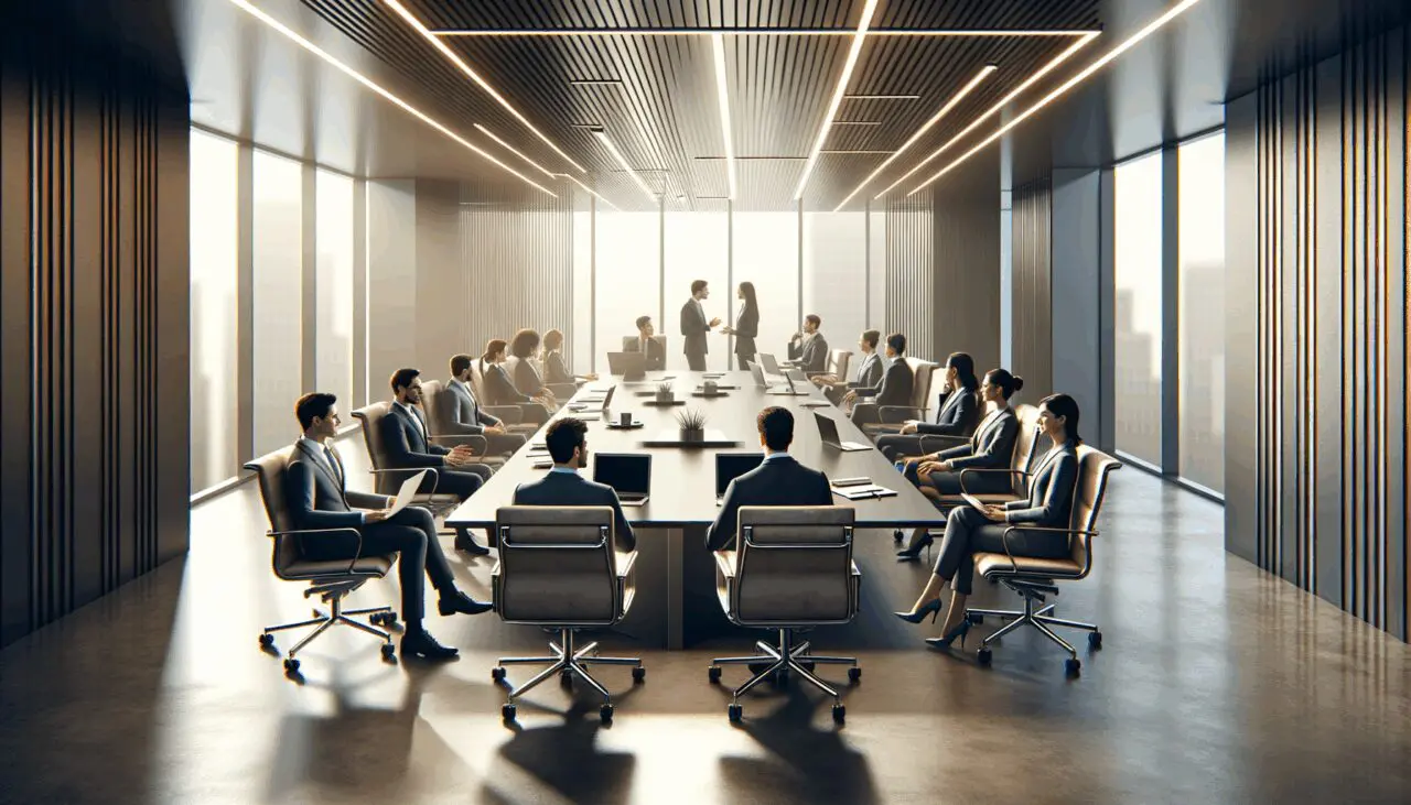 Sala de reuniones moderna con emprendedores conversando y computadoras portátiles abiertas.