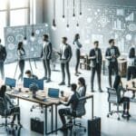 Emprendedores reunidos en un espacio de coworking moderno, rodeados de dispositivos tecnológicos y pizarras.