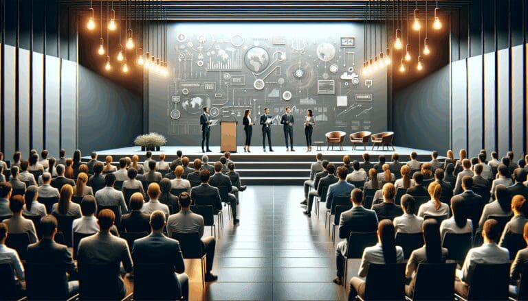 Emprendedores presentando sus ideas en un auditorio moderno lleno de asistentes, ambiente tecnológico.