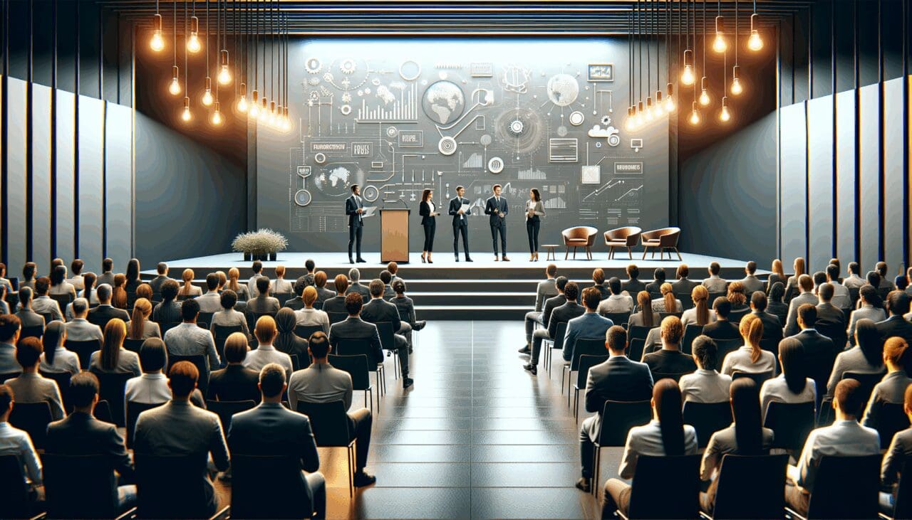 Emprendedores presentando sus ideas en un auditorio moderno lleno de asistentes, ambiente tecnológico.