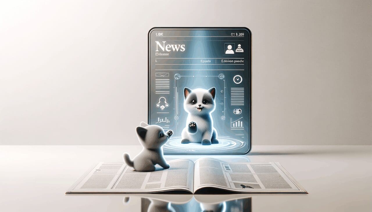Ilustración digital de una mascota virtual interactuando en una pantalla futurista, ambiente luminoso y minimalista.
