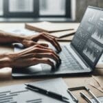 Primer plano de una laptop y notas, manos trabajando con gráficos digitales en una oficina moderna.