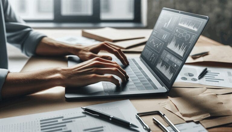 Primer plano de una laptop y notas, manos trabajando con gráficos digitales en una oficina moderna.